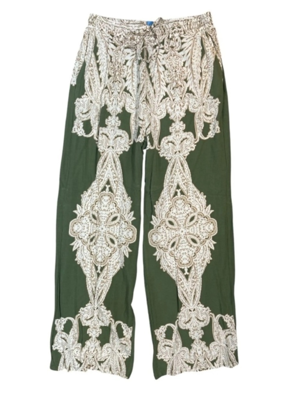 CeCe Olive Green Wide-Leg Printed Palazzo Pants with Cream Pattern